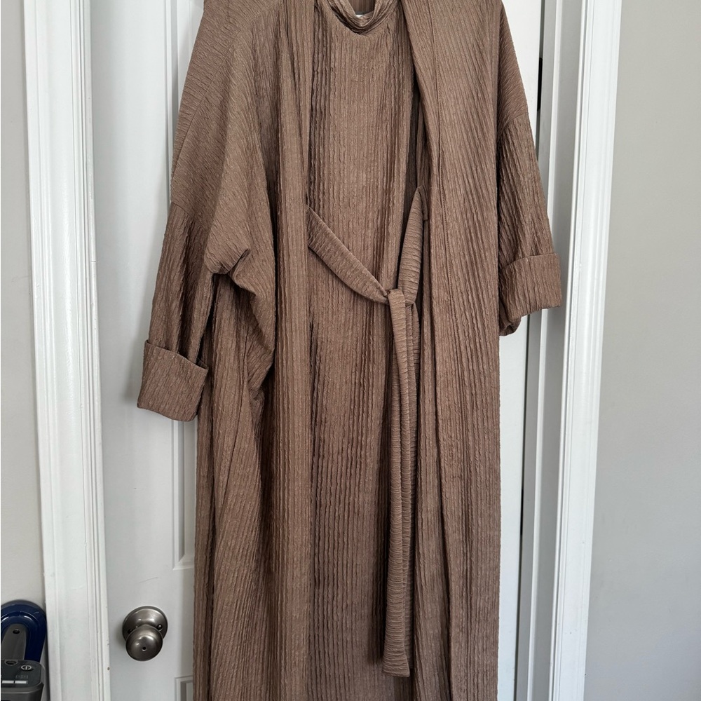 Brown Ribbed Long Cardigan with Belt